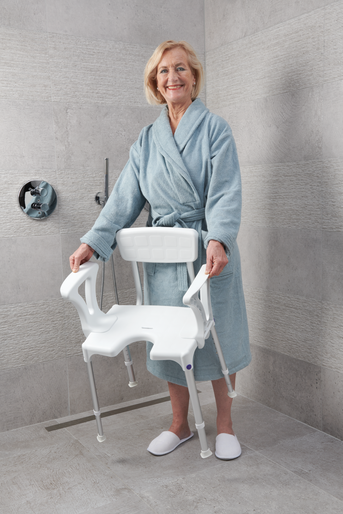 SecuCare Quattro Showerchair with hygiene cutout, backrest and armrests