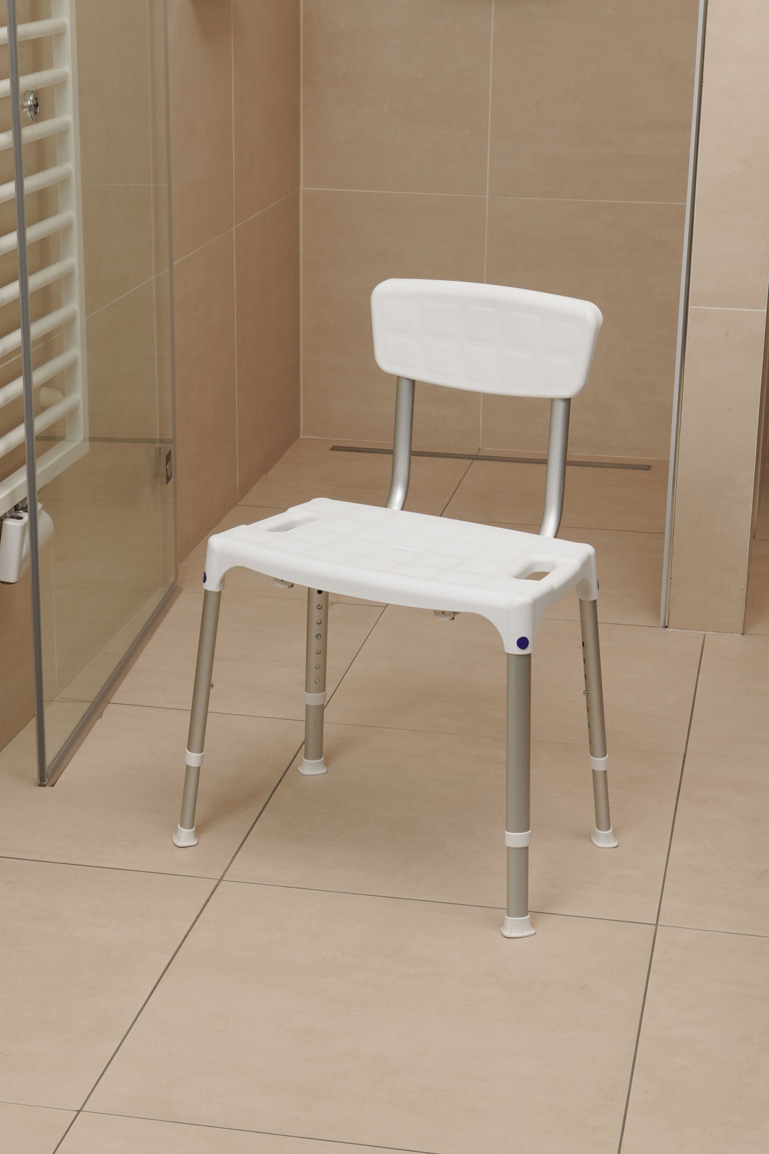 SecuCare Quattro Shower Chair with backrest, white, adjustable height 390-540 mm