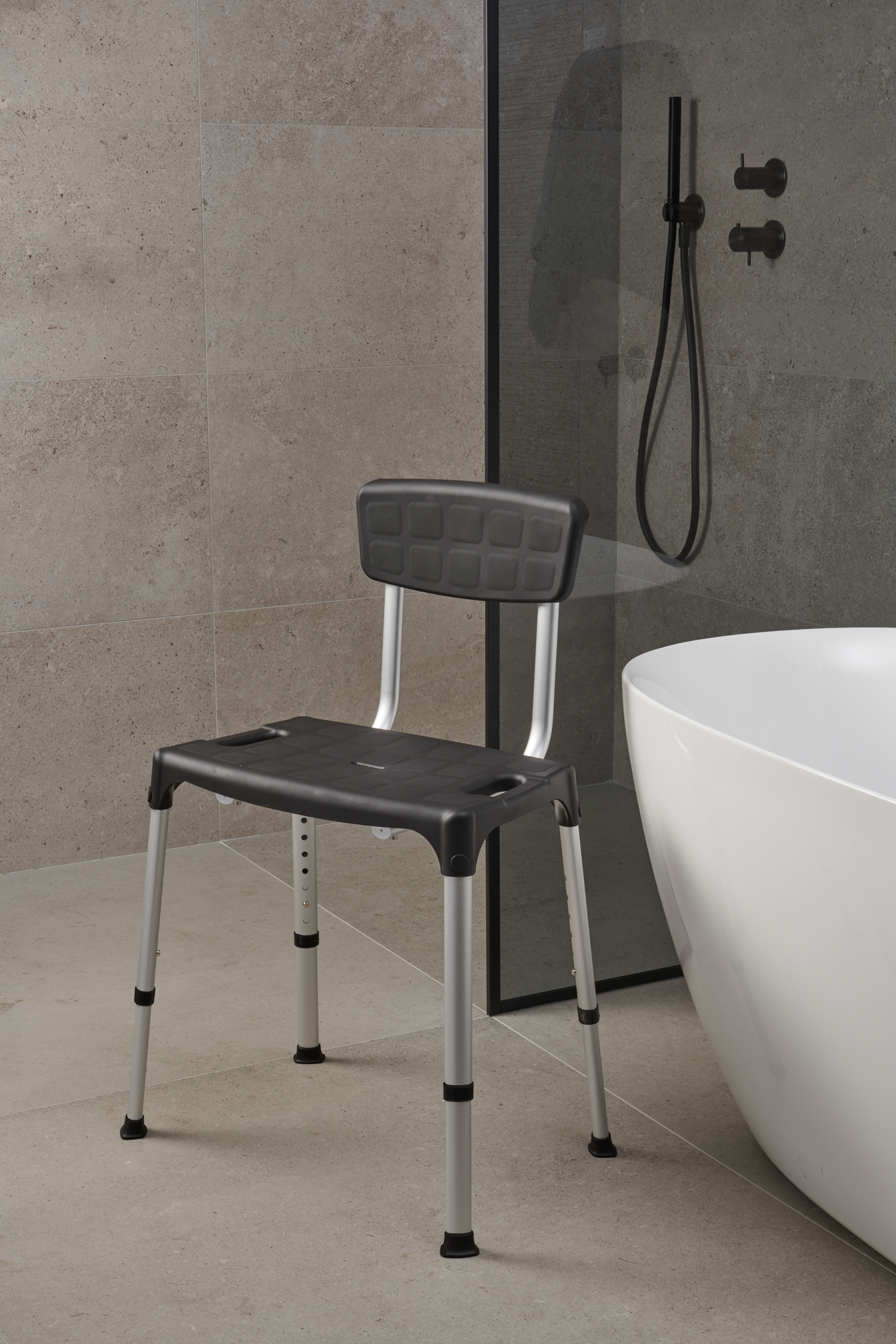 SecuCare Quattro Shower Chair with backrest, black, adjustable height 390-540 mm